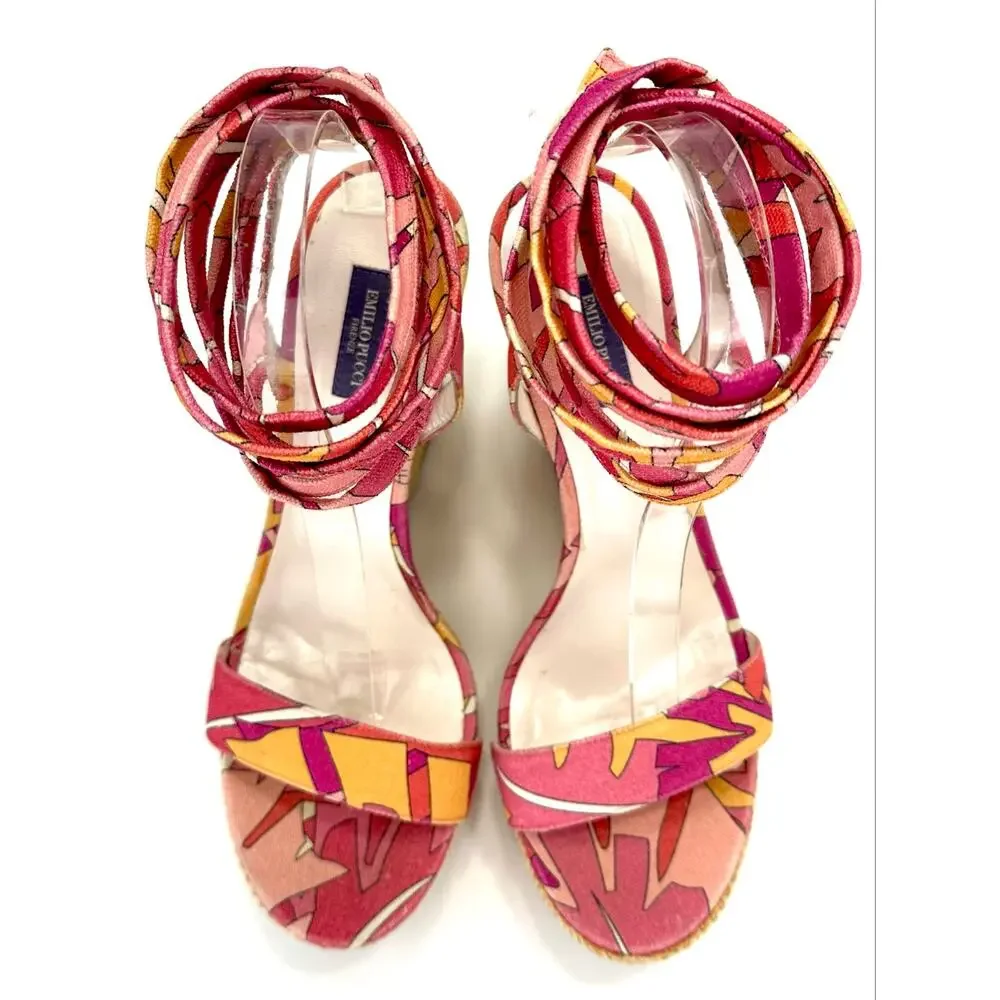 Emilio Pucci Vintage Y2K Wedge Sandal Size 10/40 Pink Multicolor Designer Italy